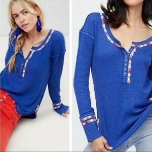 We The Free Blue Free People Thermal Rainbow Henley Boho Casual Top Size S
